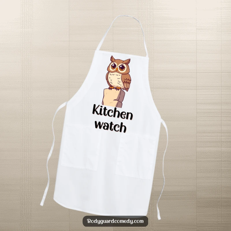 Funny watchful owl perched on a high ledge, scanning the horizon with wide eyes on an apron, great for cooking with vigilant observation.