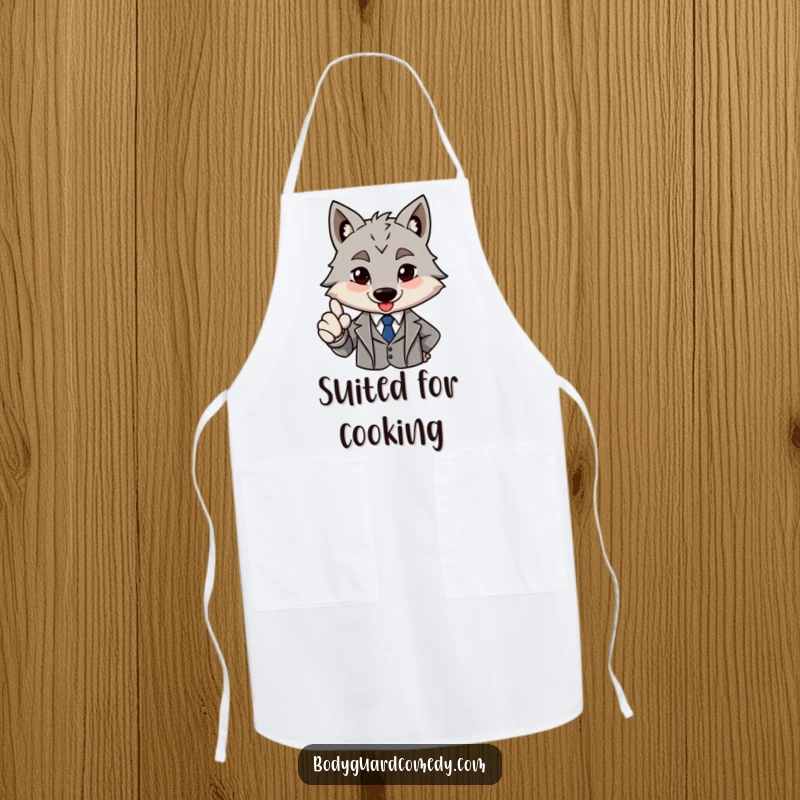 Funny brave grey wolf in a sharp suit giving a firm nod of approval on an apron, great for cooking with confident approval.