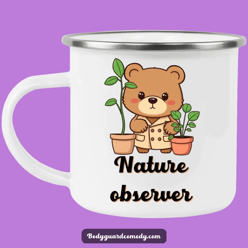 Funny Bear Camping Mug: Trench Coat Detective, Potted Plant View, Great Humorous Gift!
