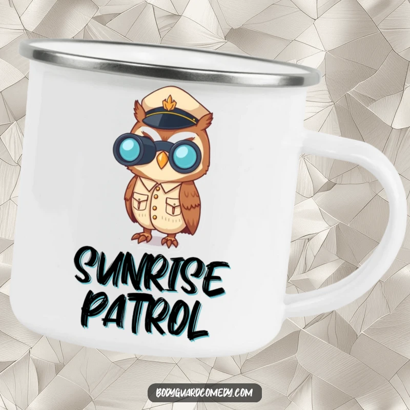 Funny camping mug featuring a vigilant owl in a crisp uniform, holding binoculars, perfect for outdoor drinks with a humorous touch.
