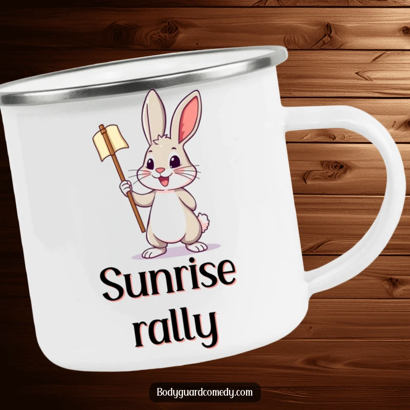 Funny camping mug featuring a brave rabbit holding a miniature banner with a bold, energetic posture, perfect for outdoor drinks.