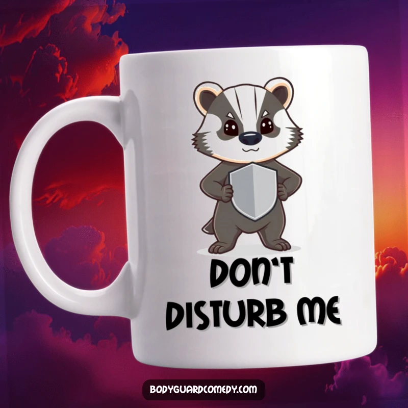 Funny mug featuring a steadfast badger standing guard with a determined stance and a small shield, exuding bravery and humor.