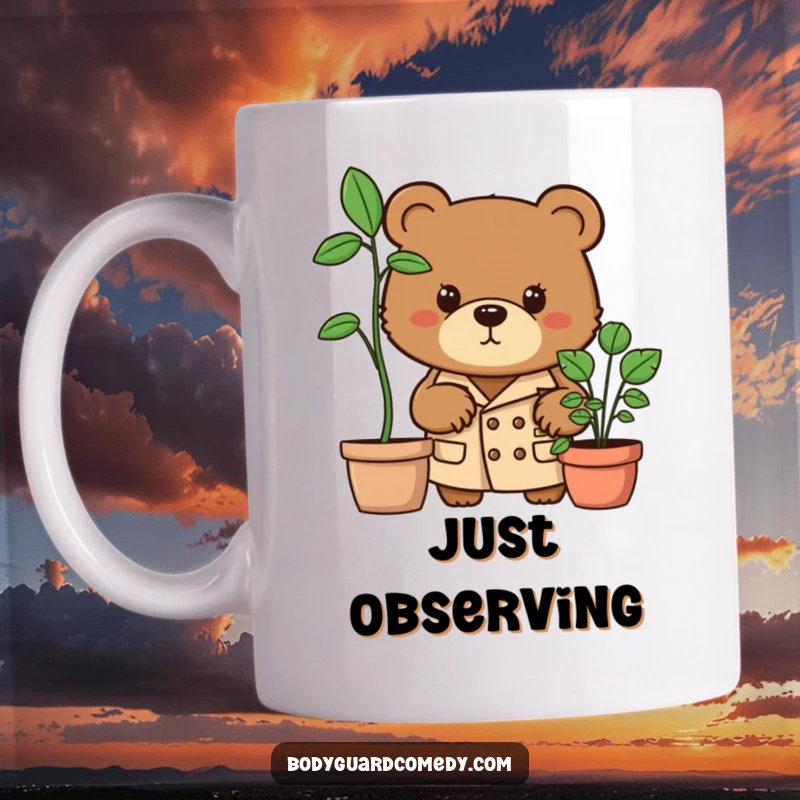 Funny brown bear in trench coat peering intensely from behind a potted plant on a mug, conveying a humorous detective vibe.