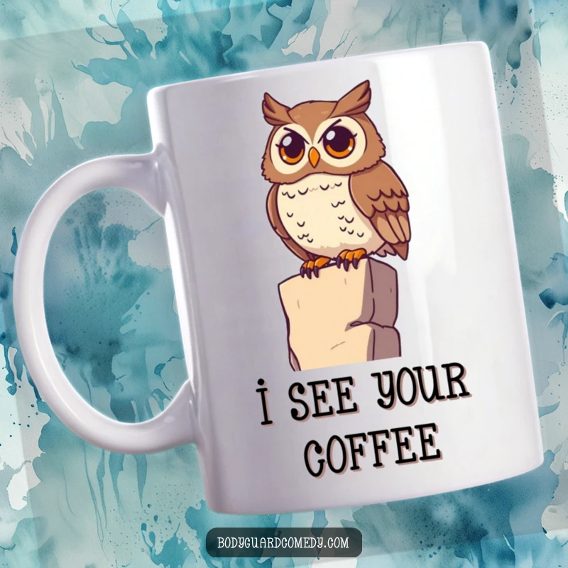 Funny watchful owl perched on a high ledge, scanning the horizon with wide eyes on a mug, conveying keen observation.