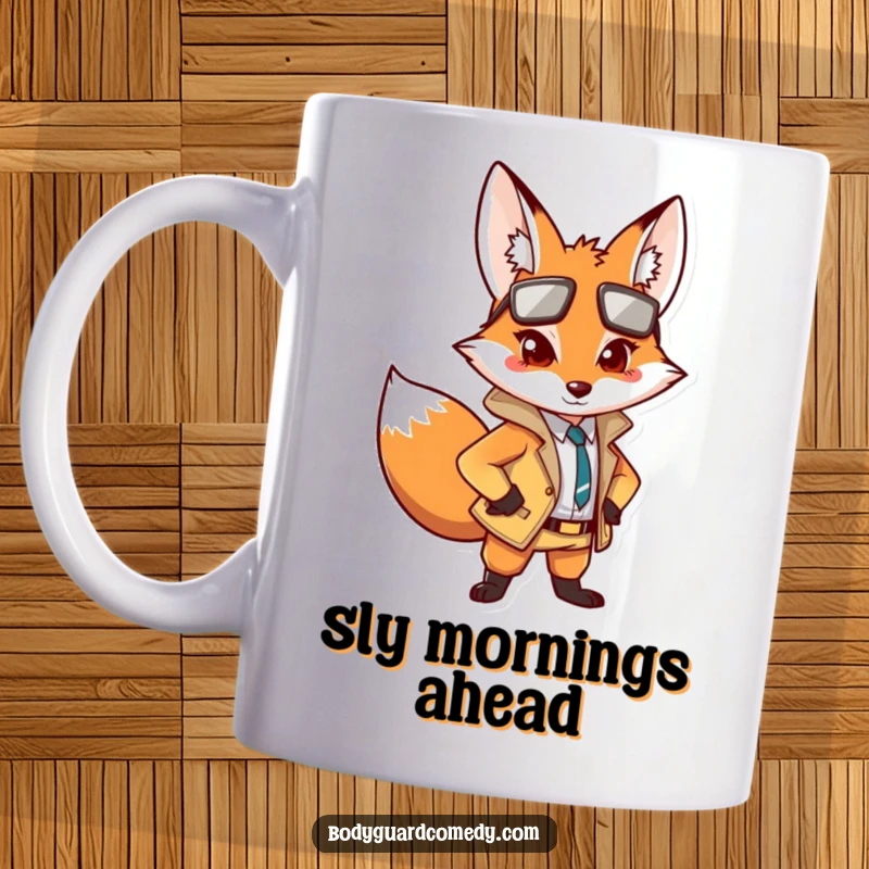 Funny mug featuring an alert fox in a sharp outfit, striking a confident pose with a watchful expression, embodying sly humor.