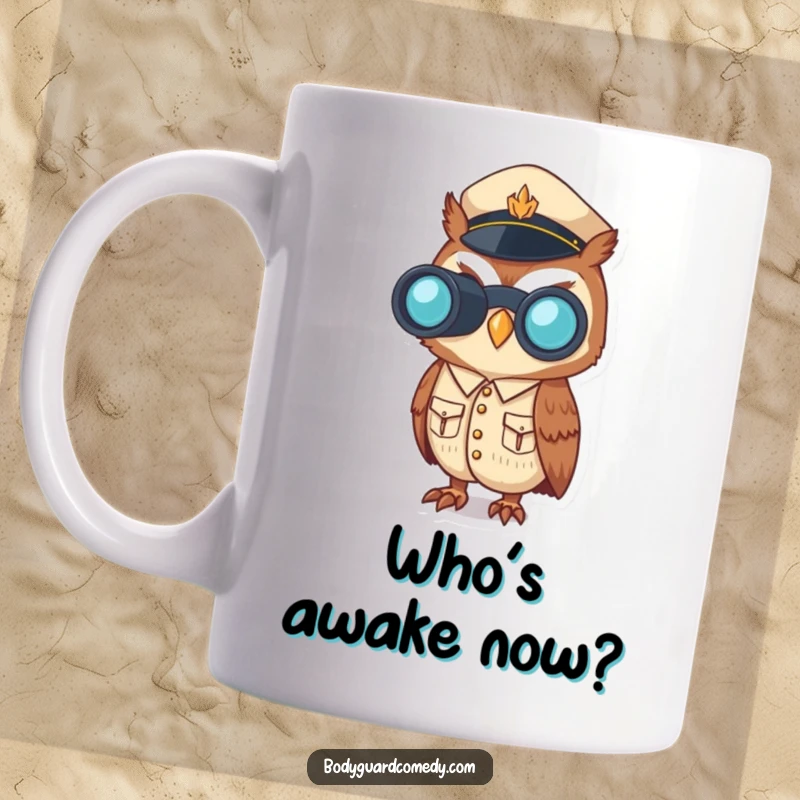 Funny coffee mug featuring a vigilant owl in a crisp uniform, peering through binoculars with a determined and alert expression.