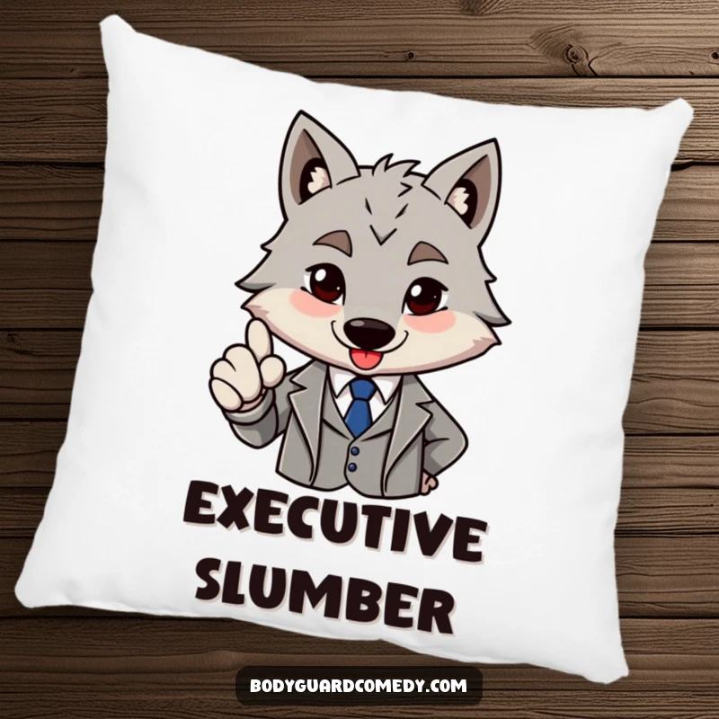 Funny brave grey wolf in a sharp suit giving a firm nod of approval on a pillow, offering comfort with sophisticated and approving style.