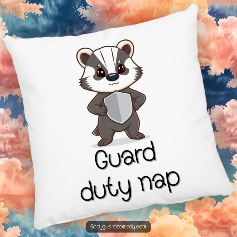 Funny pillow featuring a steadfast badger standing guard with a small shield, providing comfort with a determined and humorous presence.