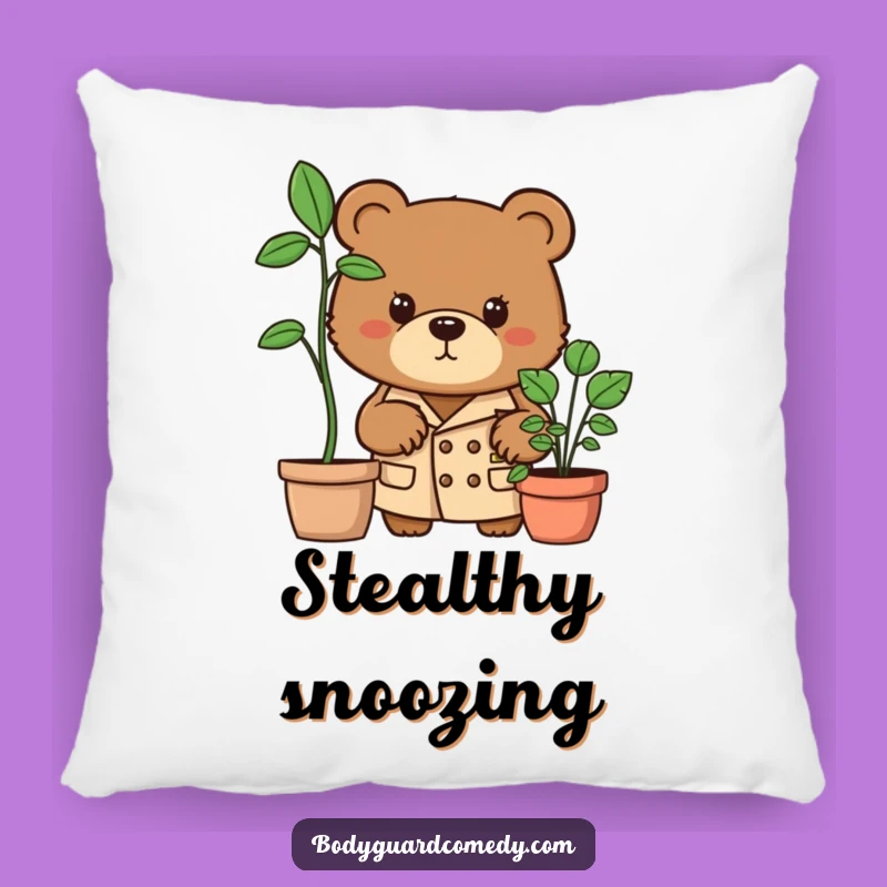 Funny Bear Pillow: Cozy Trench Coat Detective, Potted Plant Peeker, Fun Humorous Gift!