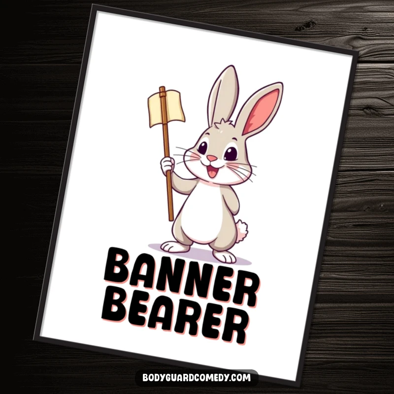 Funny digital art print of a brave rabbit holding a miniature banner with a bold, energetic posture, perfect for humorous decor.