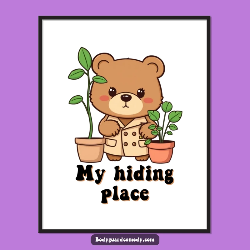 Funny Bear Digital Art: Trench Coat Detective Print, Potted Plant Peek, Humorous Gift!