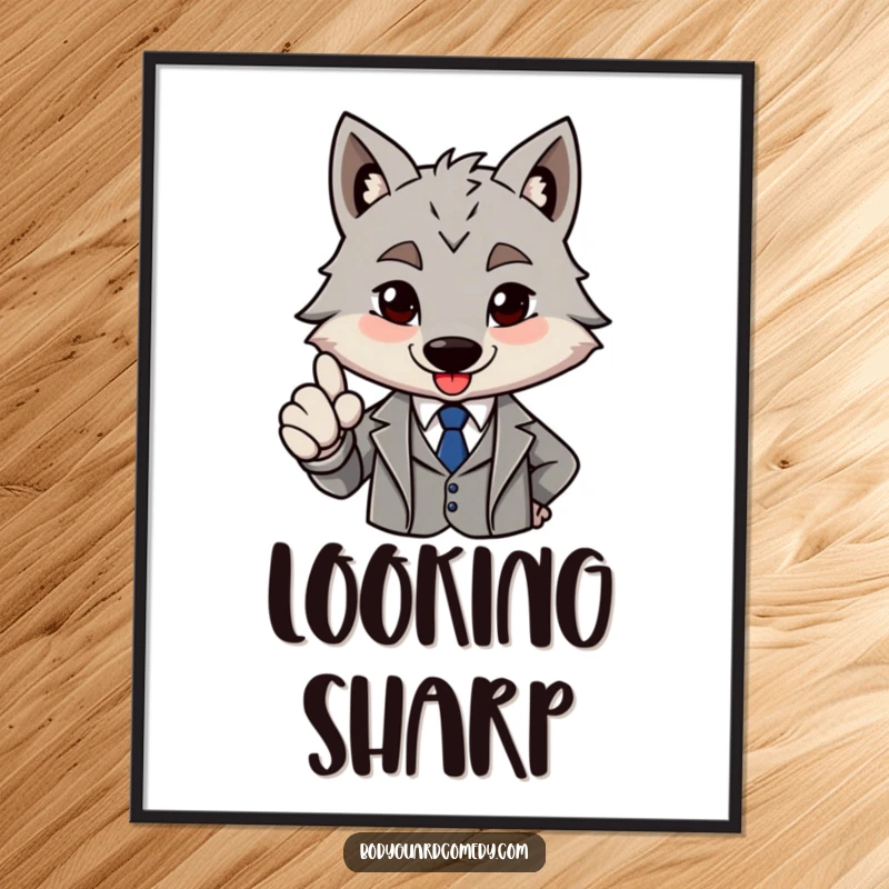 Funny brave grey wolf in a sharp suit giving a firm nod of approval, digital art print showcasing sophisticated confidence and humorous approval.