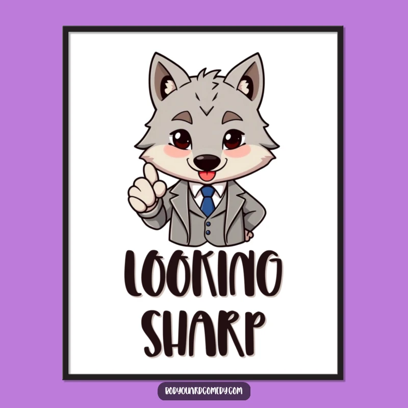 Funny Wolf Digital Art: Sharp Suit Nod Print, Brave Approval, Humorous Gift!
