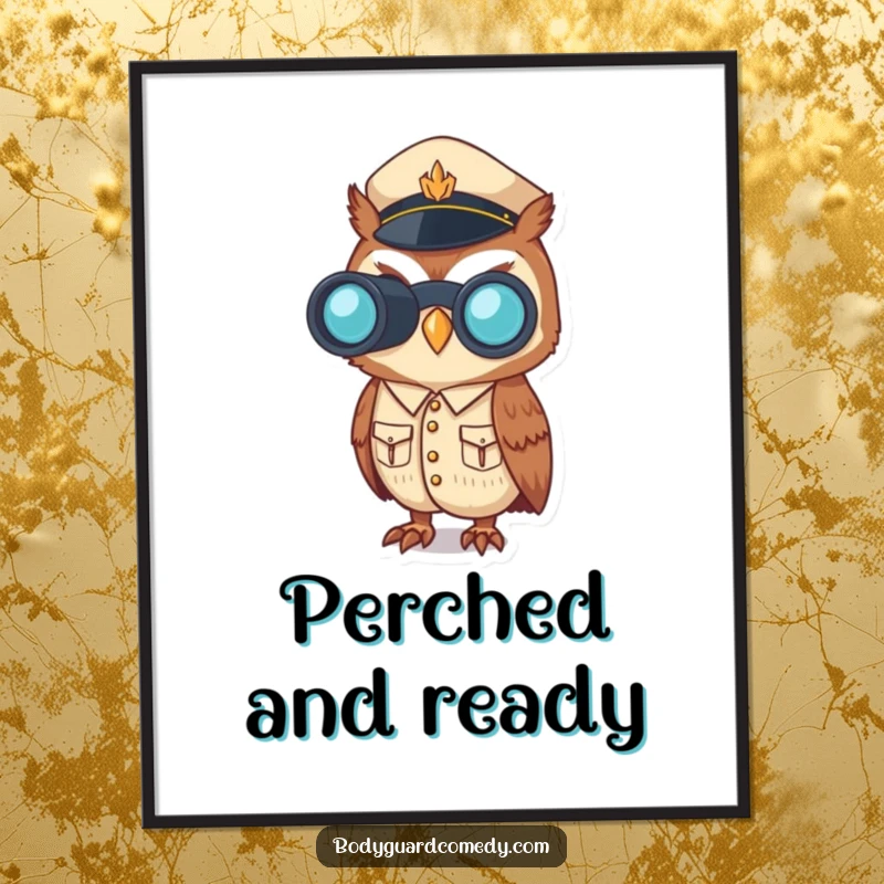 Funny digital art print of a vigilant owl in a crisp uniform, peering through binoculars, perfect for humorous wall decor.