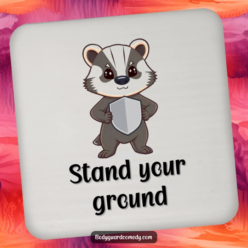 Funny coaster with a steadfast badger standing guard with a shield, protecting surfaces with determination and humor.