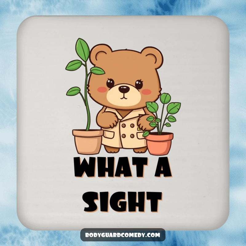 Funny brown bear in trench coat peering intently from behind a potted plant on drink coasters, protecting surfaces with humorous detective flair.