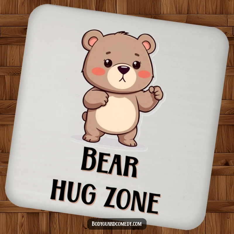 Funny coaster with a protective bear playfully flexing its muscles, protecting surfaces with humor and strength.