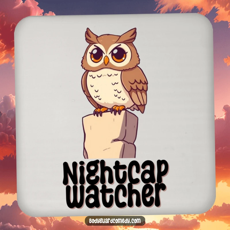 Funny watchful owl perched on a high ledge, scanning the horizon with wide eyes on drink coasters, protecting surfaces with wise observation.