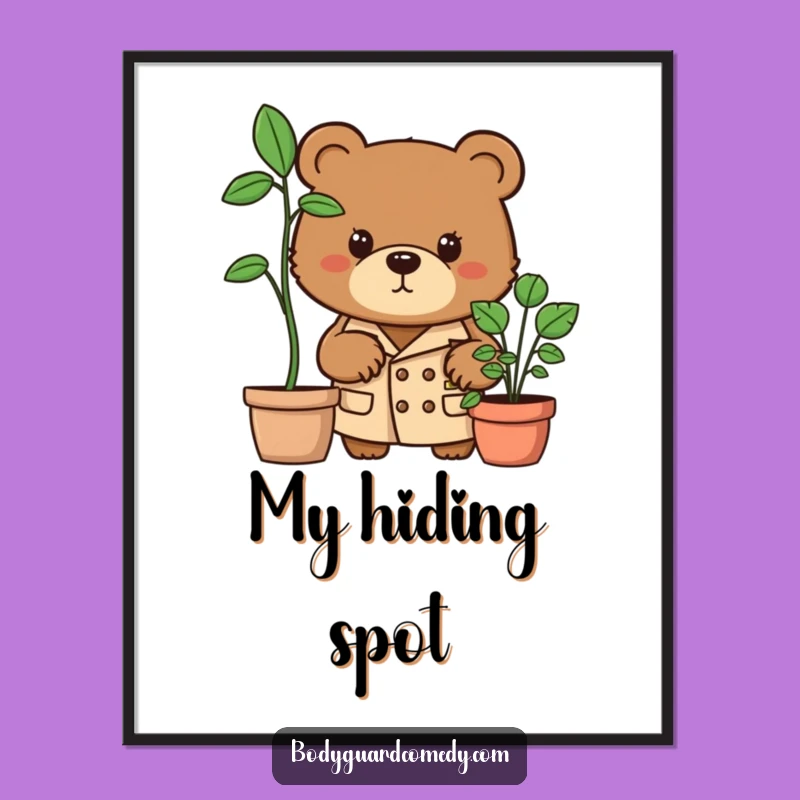Funny Bear Poster: Trench Coat Detective Art, Potted Plant Peeker, Epic Humorous Gift!