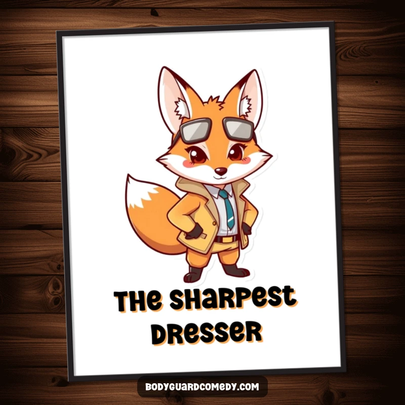 Funny wall art poster of an alert fox in a sharp outfit, posing confidently with a watchful expression, adding sly humor.