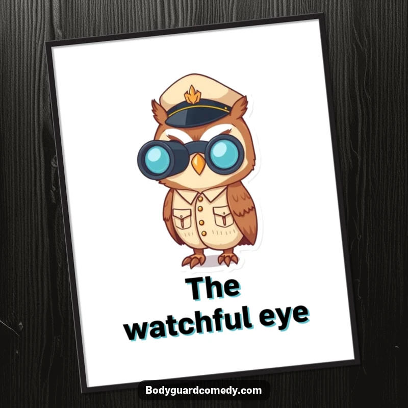 Funny wall art poster of a vigilant owl in a crisp uniform, using binoculars with an alert expression, perfect for adding humor.