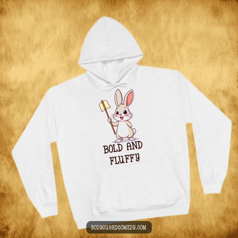 Funny hoodie with a brave rabbit holding a miniature banner, striking a bold and energetic pose, exuding cheerful determination.
