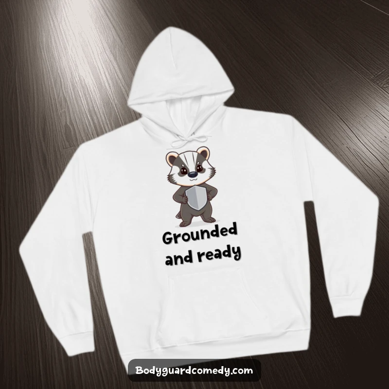 Funny hoodie with a steadfast badger standing guard, holding a small shield with a determined expression, symbolizing protection.