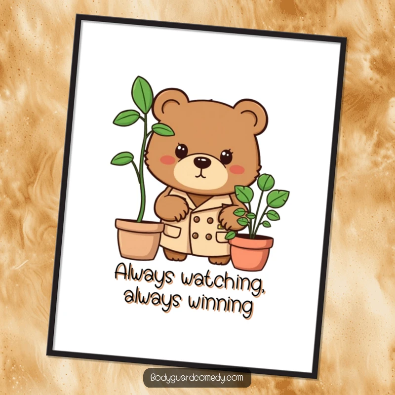 Funny Free Printable Wall Art: Determined brown bear in trench coat peers from behind a plant, a humorous spy.