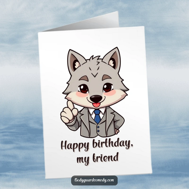 Funny Free Printable Birthday Card: Brave grey wolf in sharp suit gives a firm nod of approval, looking distinguished.