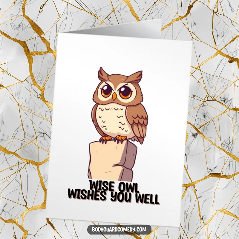 Funny Free Printable Birthday Card: Watchful owl on ledge scans horizon, eyes wide, observing the birthday fun.