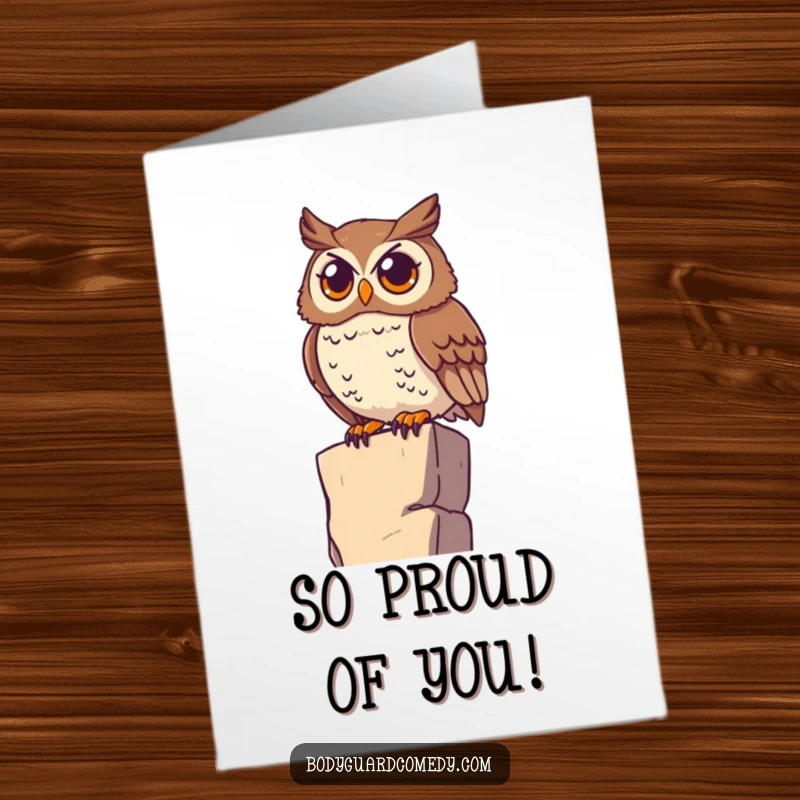 Funny Free Printable Congrats Card: Watchful owl on ledge scans horizon, eyes wide, celebrating achievements.