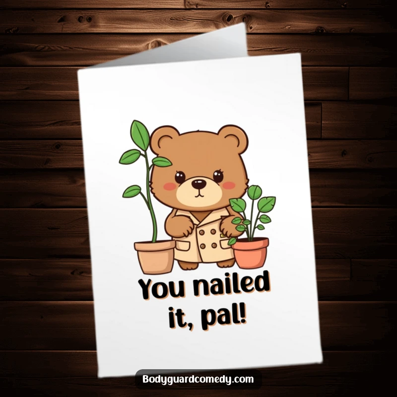 Funny Free Printable Congrats Card: Brown bear in trench coat peeks from plant, a determined and humorous spy.