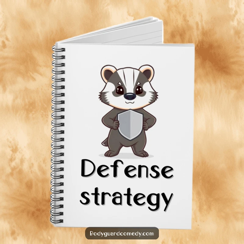 Funny notebook with a steadfast badger standing guard with a shield, designed for jotting down determined thoughts with humor.