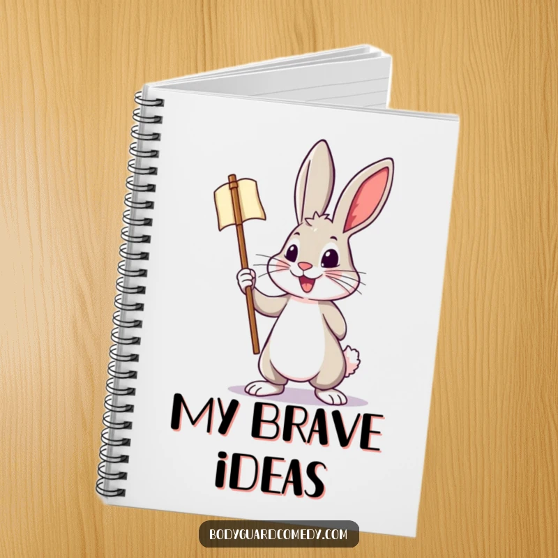 Funny notebook with a brave rabbit holding a banner, designed for jotting down bold ideas with humor and energy.