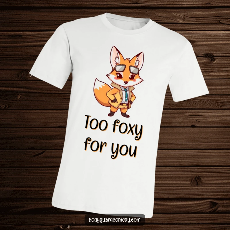Funny t-shirt showcasing an alert fox in a stylish outfit, posing confidently with a watchful and clever expression.