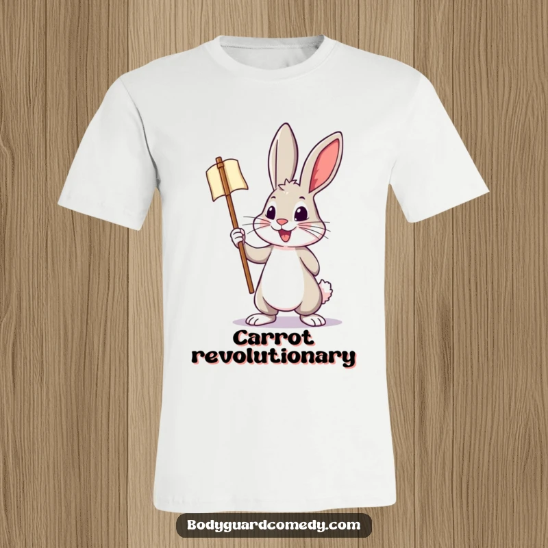 Funny t-shirt featuring a brave rabbit holding a small banner with a bold, energetic posture, symbolizing courage and spirit.