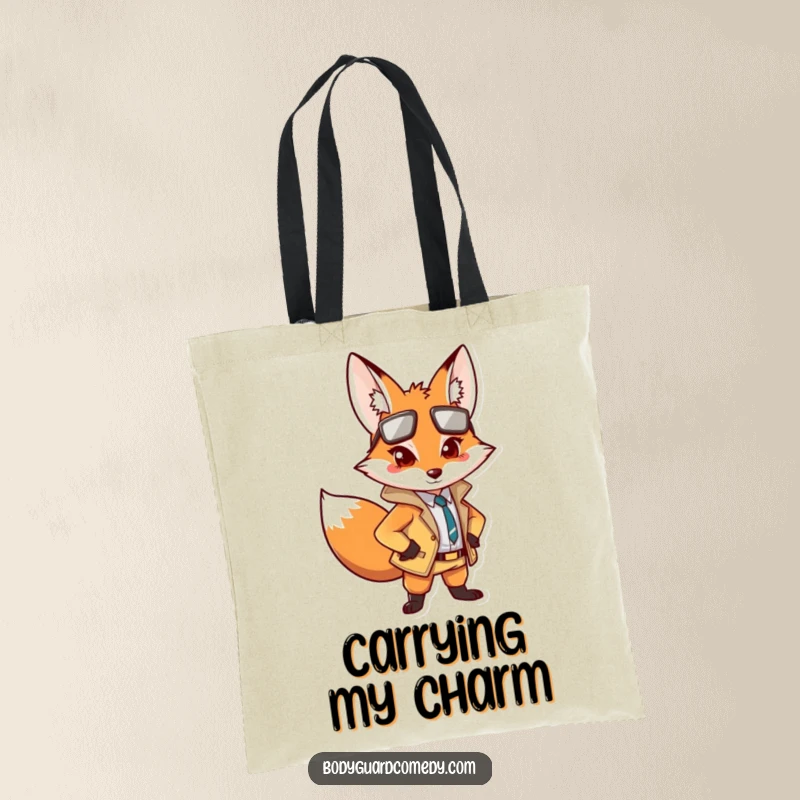 Funny tote bag featuring an alert fox in a sharp outfit, posing confidently, ideal for carrying items with cleverness.