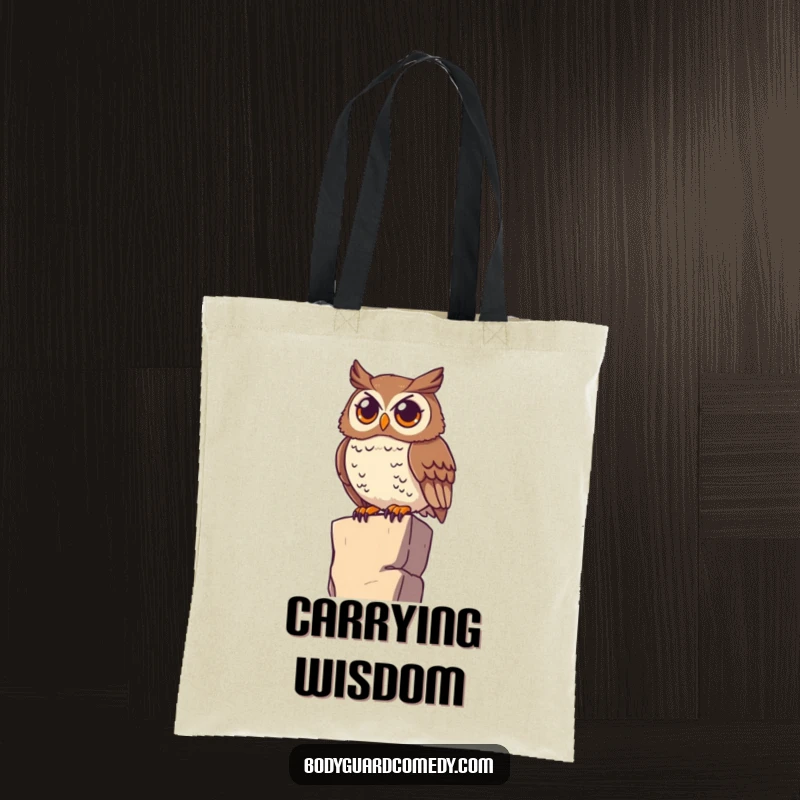 Funny watchful owl perched on a high ledge, scanning the horizon with wide eyes on a tote bag, great for carrying items wisely.