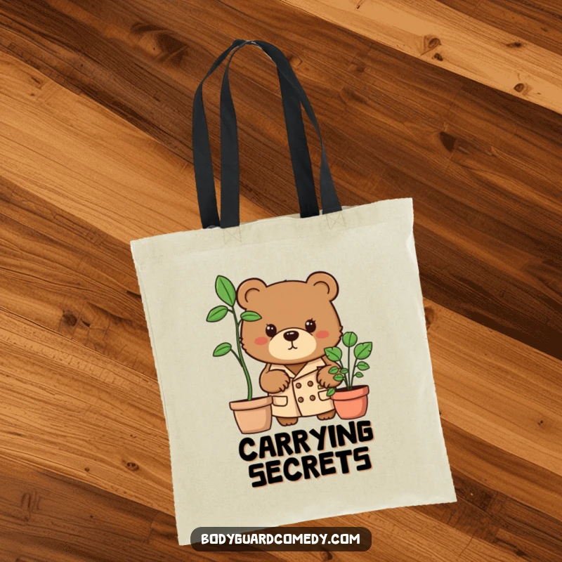 Funny brown bear in trench coat peering intensely from behind a potted plant on a tote bag, great for carrying items discreetly.