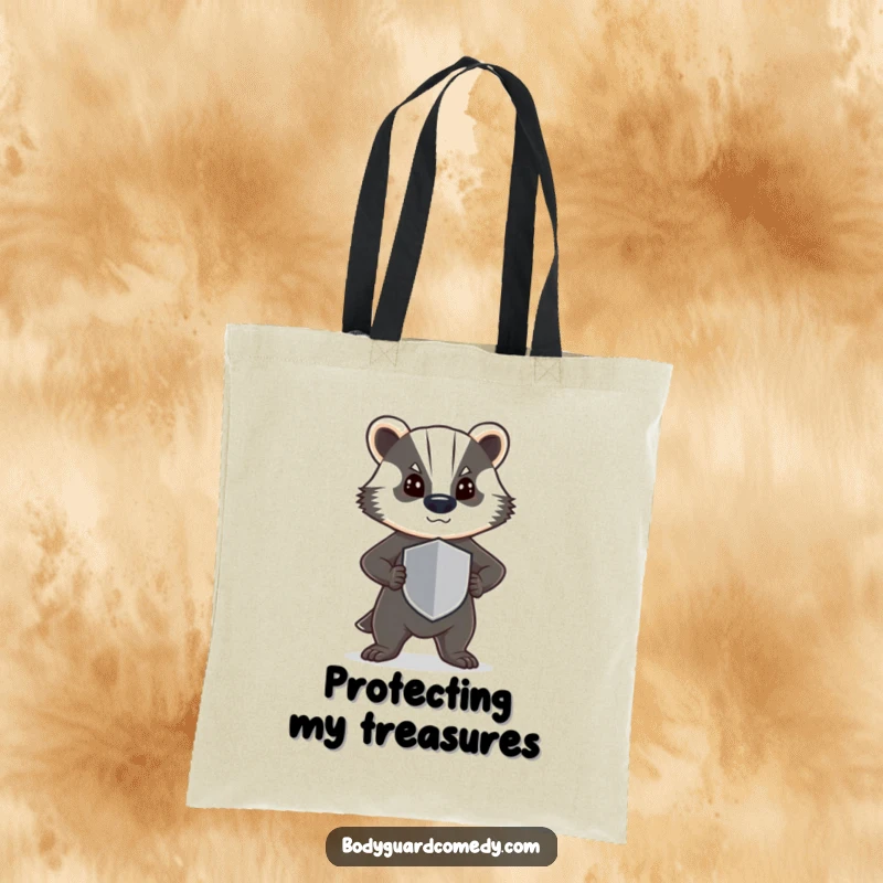 Funny tote bag featuring a steadfast badger standing guard with a small shield, ready to defend items with humor.